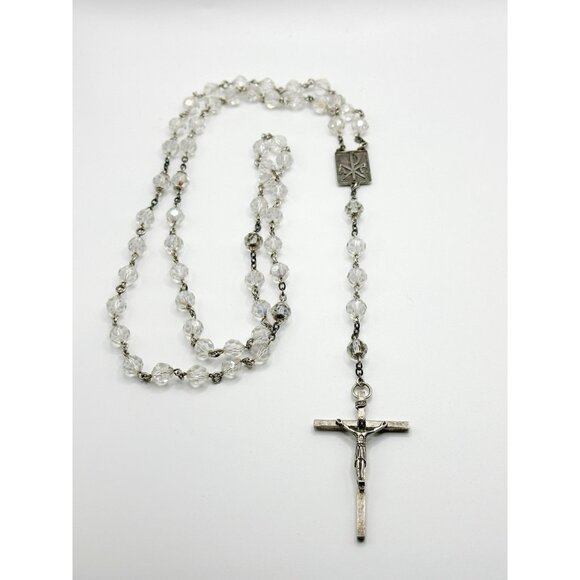 VTG Sterling Silver Cross Clear Faceted Cut Crystal Glass Beads Prayer Rosary - Picture 1 of 7